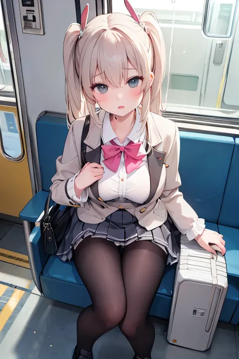 (8K、Highest quality、highest quality、masterpiece)、Detailed face、One girl、ONE boy、Ayanami、No corners 、long hair、、blunt bangs、Grey Eyes、、、((Blazer jacket))、((White shirt))、((Pleated skirt))、((No panties))、((bent over))、on the train、Standing in front of the tr...