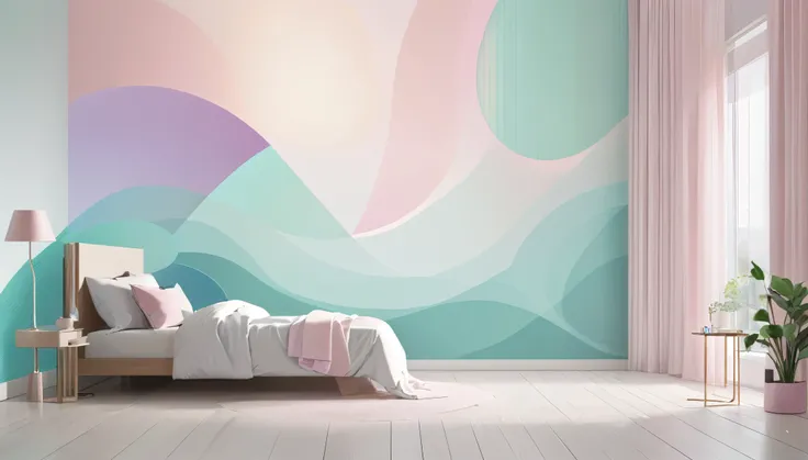 /I Craft an abstract, elegant wallpaper in soothing pastel hues, featuring soft, flowing lines and minimalist geometric shapes that gently overlap, creating a serene, harmonious composition. Emphasize a central, subtly luminous point that radiates faint, d...