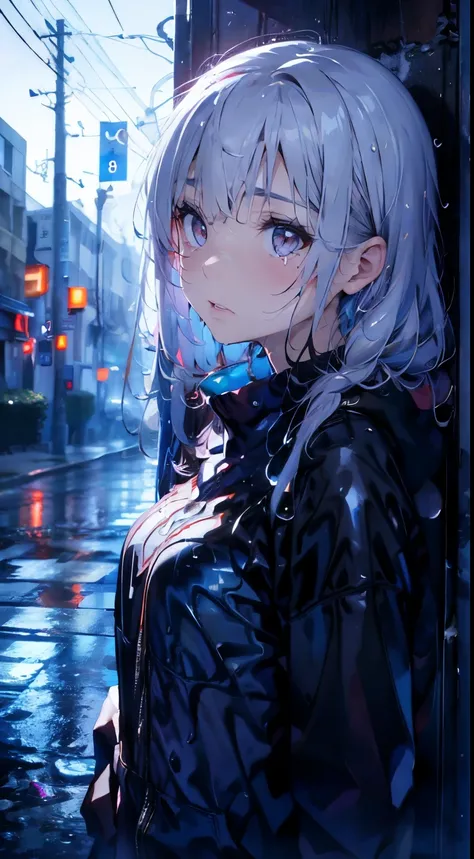 ( Highest quality,4K,8K,High resolution,masterpiece:1.2),Super detailed,(Realistic,photoRealistic,photo-Realistic:1.37),rainy scene,stress,Outdoor,Gloomy atmosphere,Realistic droplets on the face,Soaked clothes,Dark colors,despair,Devastation,Lonely,Lost i...