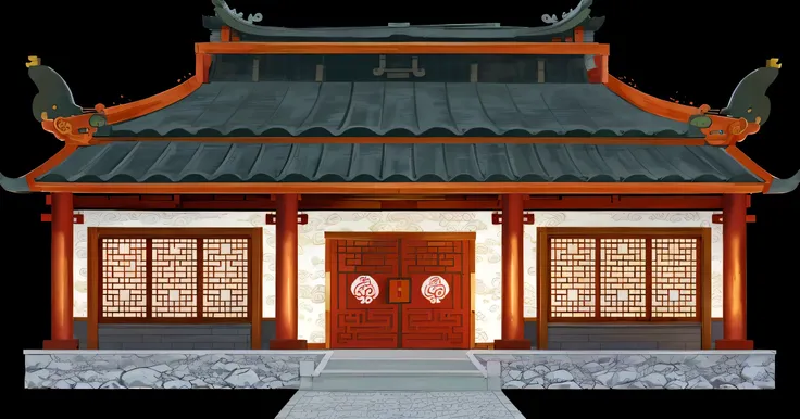 illustration of a traditional chinese building with a red door and a green roof, temple background, chinese building, zen temple background, background depicting a temple, digital painting of a pagoda, japanese house, house background, japanese temple, art...