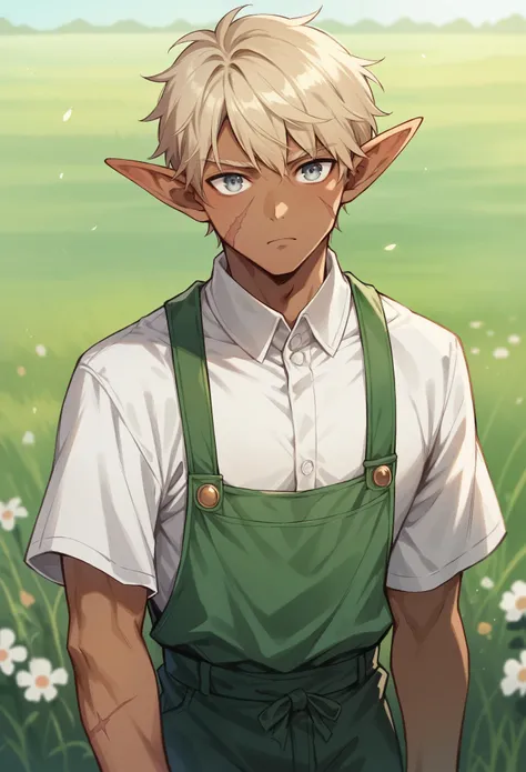 Dark skin anime man, silver-colored eyes, with a scar in left cheek, elf ears, short blonde hair, wearing common farmer tattered clothes, in a field