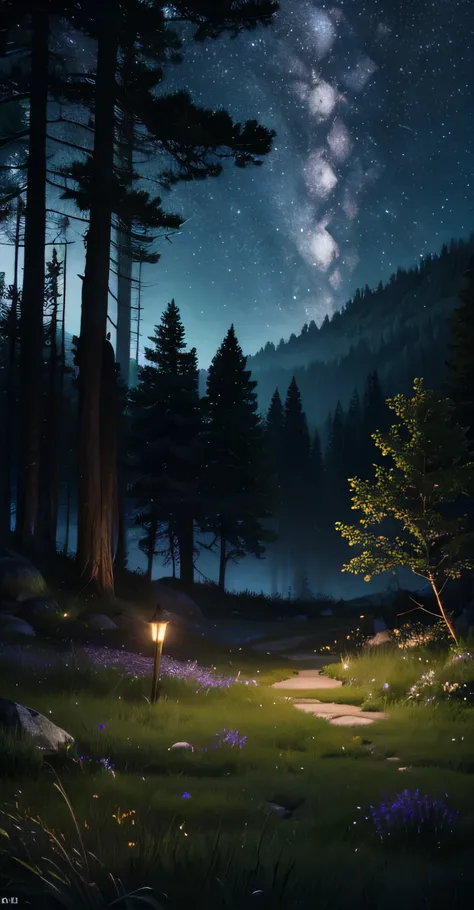 a highly detailed comforting moonlit meadow in a lush forest at night, dark colors, dark peaceful atmosphere, moonlight, night sky, stars, dense old trees, mossy rocks, long grass, wildflowers, (best quality,4k,8k,highres,masterpiece:1.2),ultra-detailed,(r...