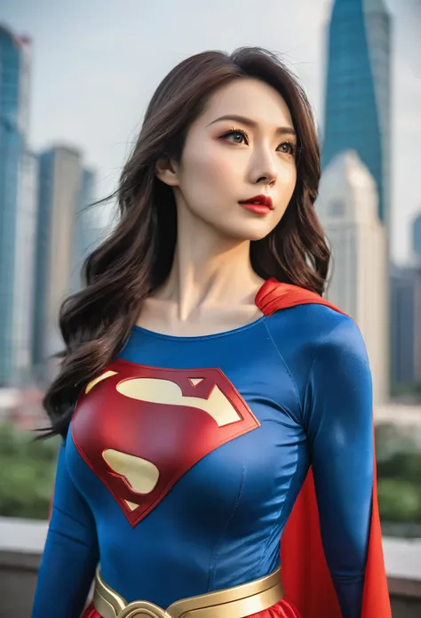 a close up of a asia woman in a superman costume standing on a cityscape, amouranth as a super villain, super photo realistic, realistic cosplay, super photo-realistic, ultra mega super hyper realistic, super-hero girl, super realistic photo, superhero bod...
