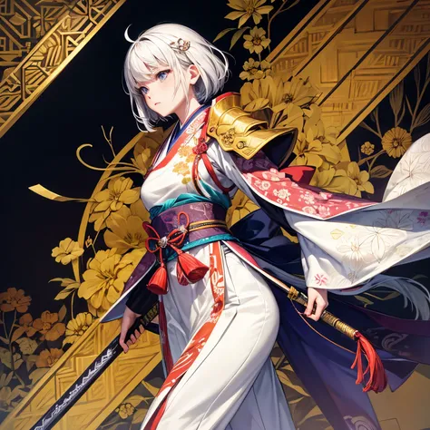 {worst quality, low-quality}, A vibrant and colorful illustration of an anime-style female samurai character with white hair, holding her sword in front of her face. She is wearing traditional Japanese adorned with floral patterns, a backdrop filled with c...