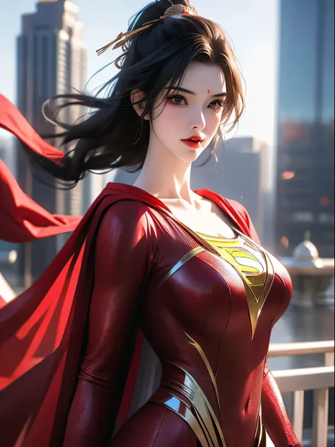 a close up of a asia woman in a superman costume standing on a cityscape, amouranth as a super villain, super photo realistic, r...