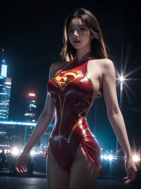 a close up of a asia woman in a superman costume standing on a cityscape, amouranth as a super villain, super photo realistic, r...