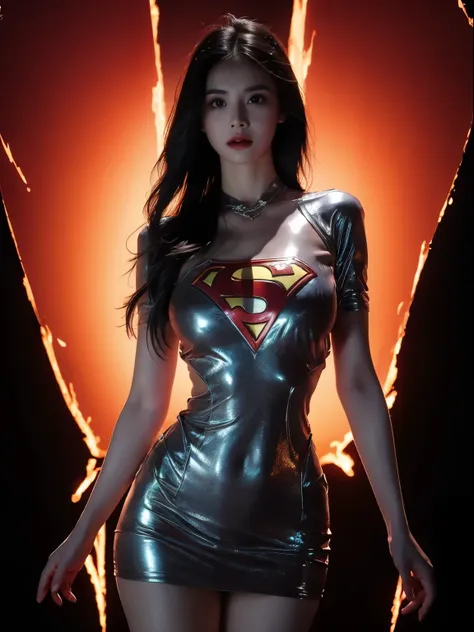 a close up of a asia woman in a superman costume standing on a cityscape, amouranth as a super villain, super photo realistic, r...