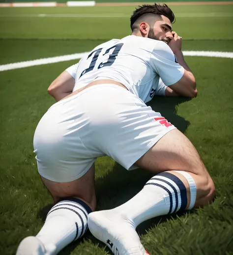 male soccer player with beard laying on his stomach while raising his ass, white socks, white soccer clothes, 