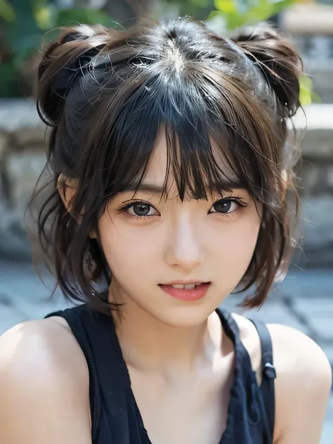 A very beautiful cute japanese girl, 17 years old, short hair, buns, bangs, sad smile, a lot of ear piercings, Ultra high res, uhd, (photorealistic:1.4), wearing tube top