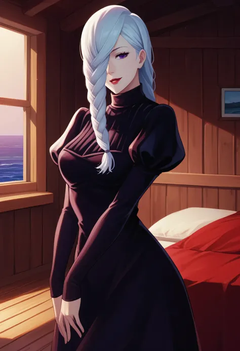 score_9_up, score_8_up, score_7_up, 1girl, solo, mature female, mei mei, looking at viewer, white hair, braid, hair over one eye, half closed eye, braided ponytail, braided bangs, purple eye, red lips, parted lips, naughty smile, long sleeves, dress, puffy...