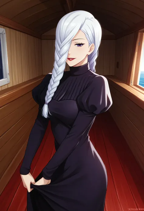 score_9_up, score_8_up, score_7_up, 1girl, solo, mature female, mei mei, looking at viewer, white hair, braid, hair over one eye, half closed eye, braided ponytail, braided bangs, purple eye, red lips, parted lips, naughty smile, long sleeves, dress, puffy...