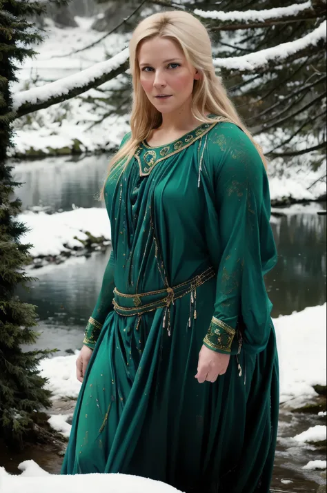portrait painting of 1girl, 45 years old Woman, thick figure, heavy physique, Full figured woman, galadriel, elf, blonde hair, blue eyes, green dress,detailed skin, fantasy, snowy nordic forest, modelshoot style, (extremely detailed CG), photo of beautiful...
