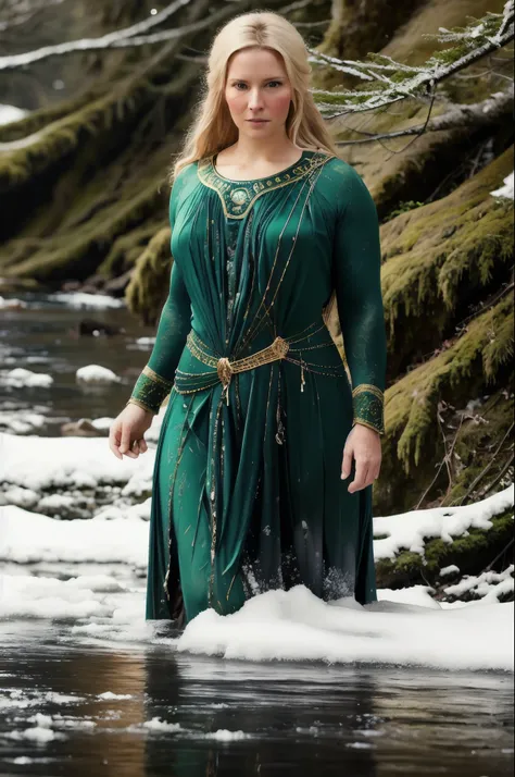 portrait painting of 1girl, 45 years old Woman, thick figure, heavy physique, Full figured woman, galadriel, elf, blonde hair, blue eyes, green dress,detailed skin, fantasy, snowy nordic forest, modelshoot style, (extremely detailed CG), photo of beautiful...