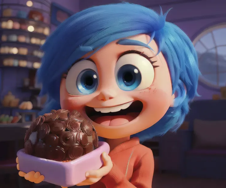 I see the character with blue hair and a red dress, holding a giant brigadeiro. Her wide eyes express pure joy as she delights in the sweet treat..