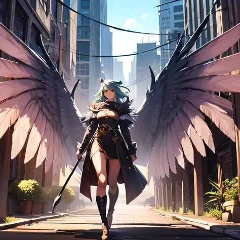 a harpy with wings for arms, green hair, green feathers, standing in front of a traffic map on a mews channel, detailed and realistic, cinematic lighting, atmospheric, highly detailed, masterpiece, photorealistic, vibrant colors, 8k, sharp focus, professio...