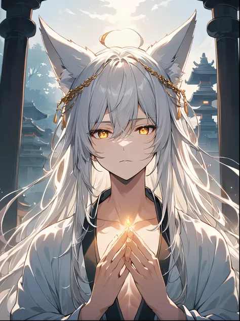 ((Best quality)), ((masterpiece)), (detailed), ((perfect face))、miyabi,a man, Long, flowing silver hair with delicate strands.
Sharp, piercing golden eyes. Fox ears on top of his head.
Serious and slightly mysterious.Pale and smooth.
Wears a robe that is s...