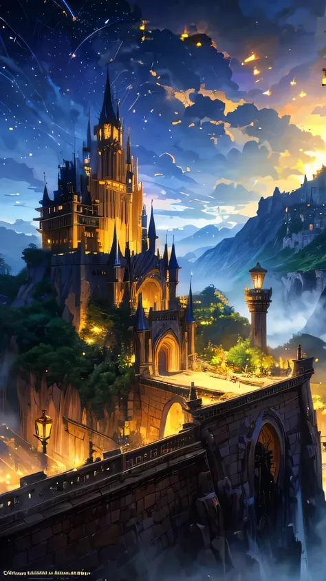 A fantastic castle, the symbol of Anime Village, with a mountain in the background, medeival fantasy town, Mountain fortress city, fantasy town setting, Detailed fantasy digital art, A bustling magical town, detailed digital concept art, Clifftop town, Hig...