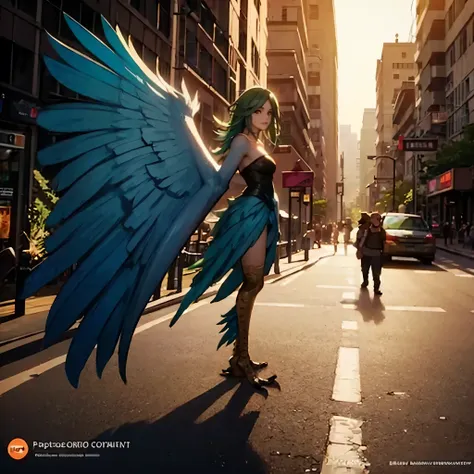 a harpy with wings for arms, green hair, green feathers, standing in front of a traffic map on a news channel, detailed and real...