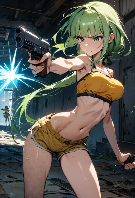 Action Scenes、((masterpiece,Highest quality:1.3)),cowboy shot,1woman,30 year old beauty、Investigator、独奏,(very small head:1.3),green hair,(low ponytail),long hair,blunt bangs,green eyes,gorgeous eyes,Serious expression、medium breasts,(very long body:1.2),(t...