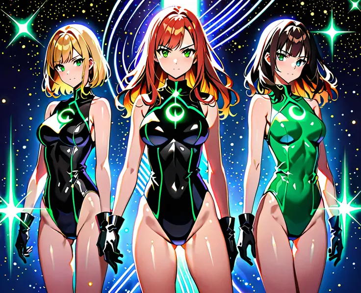 Create an image of ((three girls in sleeveless leotards, bare legs, and matching gloves and boots)). The first girl on the left and rear is a (blonde with long hair, bangs), and green eyes, wearing a (black leotard) with a (moon (symbol) on her chest). The...