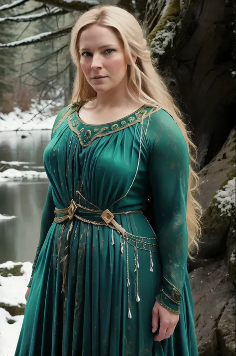 portrait painting of 1girl, 45 years old Woman, thick figure, heavy physique, Full figured woman, galadriel, elf, blonde hair, blue eyes, green dress,detailed skin, fantasy, snowy nordic forest, modelshoot style, (extremely detailed CG), photo of beautiful...