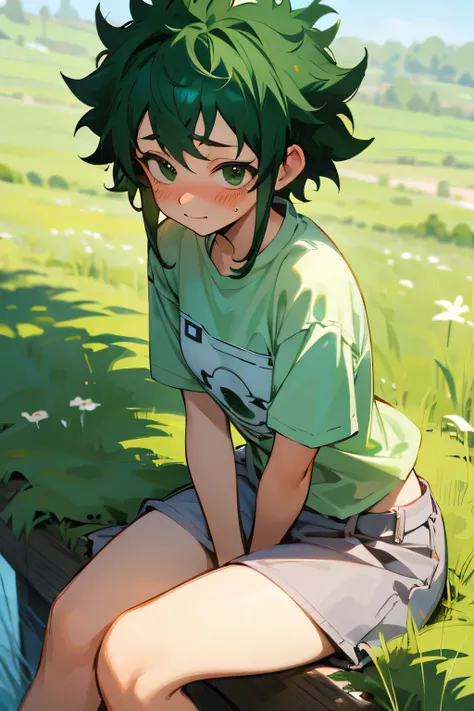 Izuku midoriya female version with short wild dark green hair, with somewhat blushing casual clothes sitting in a grassy place during the day.