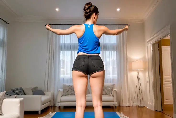 there is a woman standing on a trampoline in a living room, wearing tight and short black shorts, blue tank top, photo from the back, bouncing, working out, photo from the back, photo from the back, inside, photo from the back, photo of body full body full...