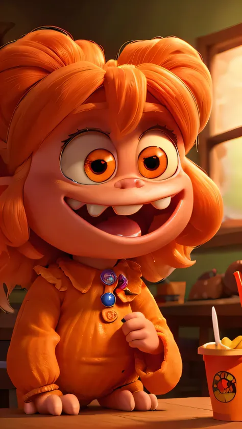 An ugly orange-skinned monster, straight orange hair with barrettes in the hair,  round teeth, wide eyes, extremely large mouth, her hands holding a burger and fries, pointy ears