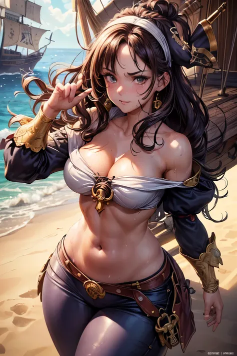 (Hyper realistic), (highest detailed), (sweaty:1.2), (female pirate:1.1), (cute anime woman art style:1.2), (brunette wavy hair), (masterpiece), (small lewd off shoulders blouse:1.2), (small stature),(sweaty skin), (looking at viewer shy), blushing, (full ...