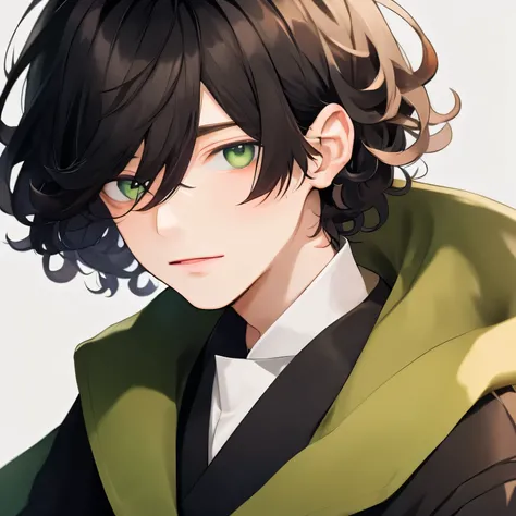 green eyes, monolid eyes, short hair, black hair, Curly haircut with fringe, white skin tone, Japanese, use for older boy, At school, Normal face, bright color.