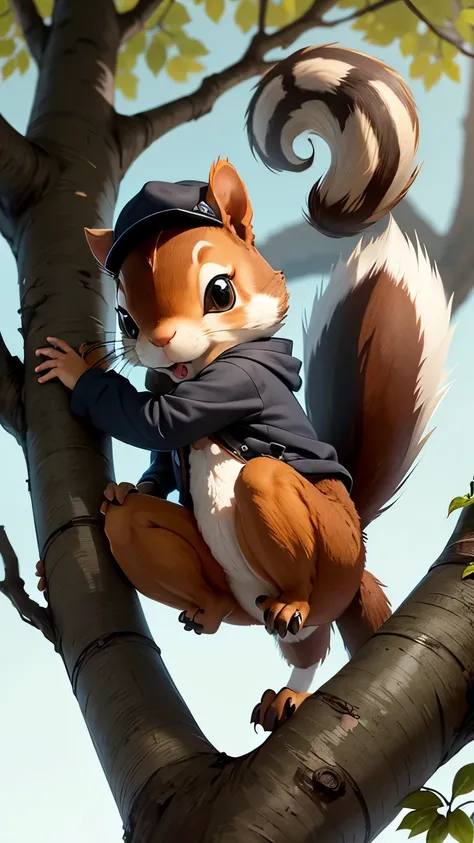 Main Concept: A mischievous squirrel tries to escape from a person who is trimming trees. The scene should have a cartoonish style and be vibrant and dynamic, capturing the sense of adventure and fun.Style: Cartoon, with bright colors and exaggerated expre...