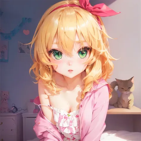 anime girl with blonde hair and green eyes sitting on a bed, cute anime girl, cute anime girl portraits, cute anime catgirl, pretty anime girl, anime moe artstyle, cute anime girl portrait, anime girl, (anime girl), cute anime, anime best girl, portrait of...