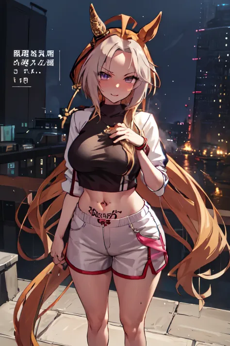 masterpiece, Highest quality, 1 person,(  Are standing, View your viewers),Detailed Background、A person who writes in detail、Accurate human body、Knowledgeable person、Accurate 5 fingers, woman,Curvy body,alone, orfevre(umamusume),,crop top, dolphin shorts, ...