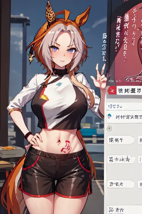 masterpiece, Highest quality, 1 person,(  Are standing, View your viewers),Detailed Background、A person who writes in detail、Accurate human body、Knowledgeable person、Accurate 5 fingers, woman,Curvy body,alone, orfevre(umamusume),,crop top, dolphin shorts, ...