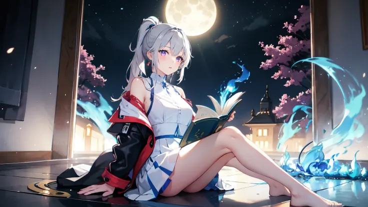 One girl, White Dress, ponytail ,Gray Hair, Purple eyes, magic circle, Blue Fire, Blue Flame,full moon, 月nightの室内,I am reading, Depth of written boundary, night, Particles of light, light, Side Lighting, destiny (series),  Open jacket, skirt,Sitting on the...