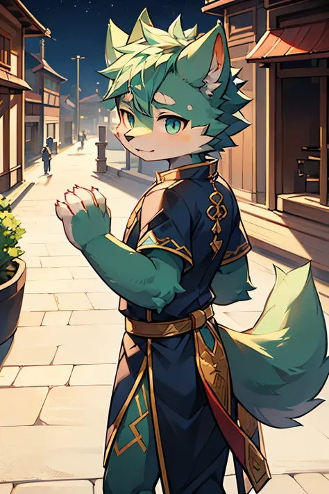 Exquisite lines，best quality，Chinese ancient style。young，male，Light green fur，Wolf Orc，Higher，Blue pupils，Wearing a white cheongsam，Bustling street background，Standing on the street，Put your hands behind your back，night