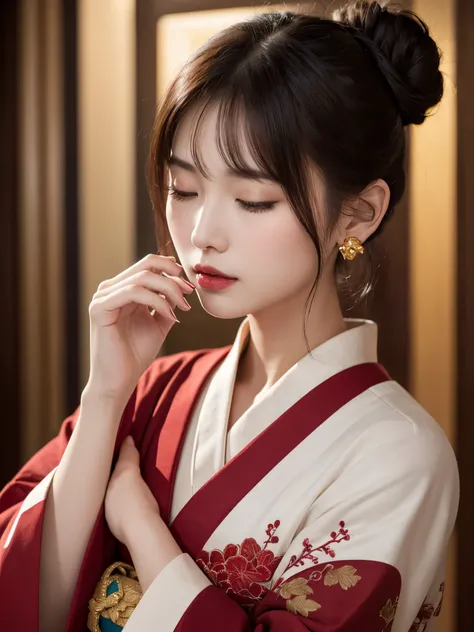 Highly detailed digital painting of a young woman with dark hair tied up in a messy bun。She is wearing a traditional red and black kimono.、It features intricate gold embroidery of mythical creatures.。Her eyes are closed、She has a calm yet sad look accentua...