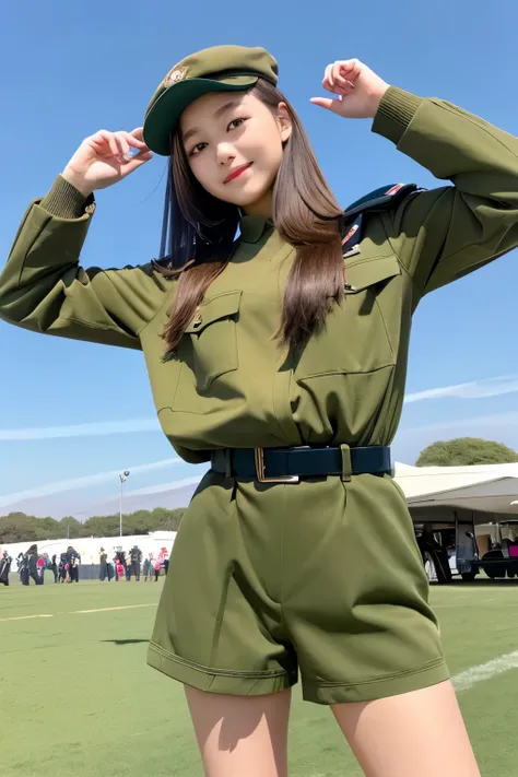 One girl、Semi-long hair（brown）、long sleeve air force uniform（Moss Green）、Patch on shoulder、belt、Shorts（Moss Green）、military cap、short boots（濃いbrown）、F2 Fighter、Airshow、blue sky