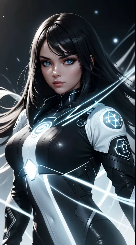 a girl wearing a black costume with subtle bright silver accents on the edges and contours, emitting soft white energy at strategic points, with integrated technological accessories and discreet cosmic symbols and patterns, detailed eyes and face, photorea...