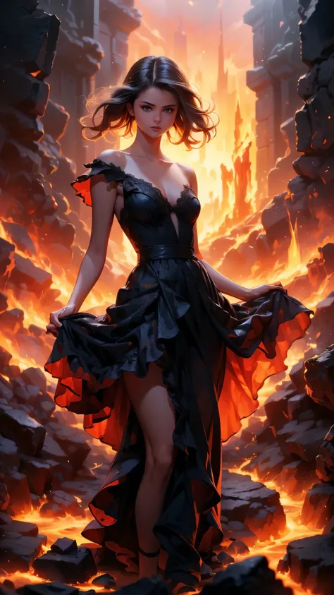 (La Best Quality,A high resolution,Ultra - detailed,current),Selena Gomez in a dress made of lava magma, (cabello elemento fuego:1.4 ) , (fire magma dress :1.4), ,(Ruined dungeon ruins background:1.4 ), More detailed 8K.unreal engine:1.4,uhd,La Best Qualit...