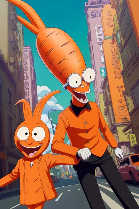 ((A surreal sight)), ((Unusual encounter)), ((Lanky carrot)), ((Anthropomorphic)), ((Gay man with vibrant attire)), ((Surprised expression)), ((Unprovoked attack)), ((Stalking)), ((Carrot towering over man)), ((Distorted perspective)), ((Cartoony style)), ...