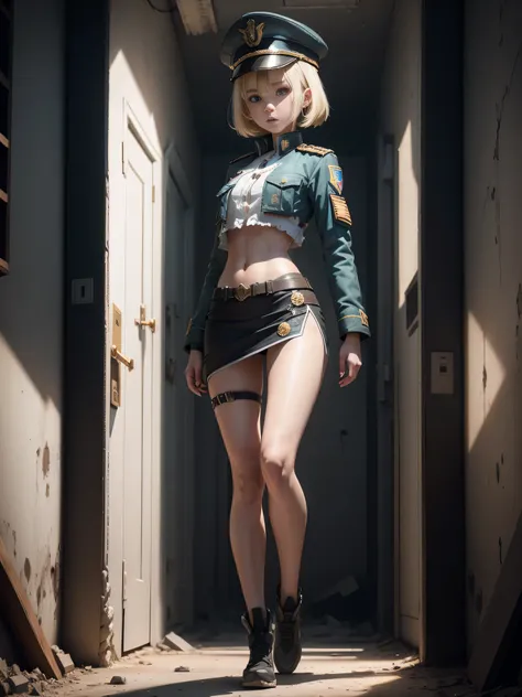 Destroyed towns,3 Ukrainian girls , Ukrainian anime girls , , Ukraine ,  Full body composition of young girl with messy bright blonde hair, eye make up, 13 year old,  Soft lighting, Solo, Old torn dirty shabby futuristic military uniform, badges, Pose, Blo...