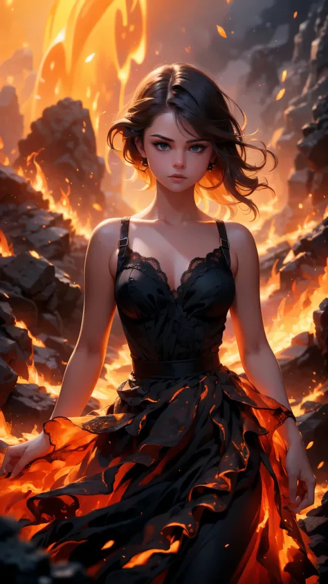 (La Best Quality,A high resolution,Ultra - detailed,current),Selena Gomez in a dress made of lava magma, (cabello elemento fuego:1.4 ) , (fire magma dress :1.4), ,(Ruined dungeon ruins background:1.4 ), More detailed 8K.unreal engine:1.4,uhd,La Best Qualit...