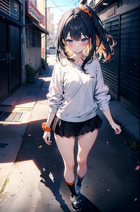 Rikka body, Affluent backstreets, Black Hair, blue eyes, Long Hair, orange Scrunchie, Scrunchie, wrist Scrunchie,happy smile, smile, Open your mouth,blush,Oversized red one-shoulder sweater,mini skirt,Black knee socks,short boots,Walking,So that the whole ...