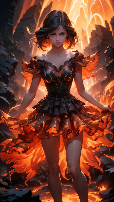 (La Best Quality,A high resolution,Ultra - detailed,current),Selena Gomez in a dress made of lava magma, (cabello elemento fuego:1.4 ) , (fire magma dress :1.4), ,(Ruined dungeon ruins background:1.4 ), More detailed 8K.unreal engine:1.4,uhd,La Best Qualit...