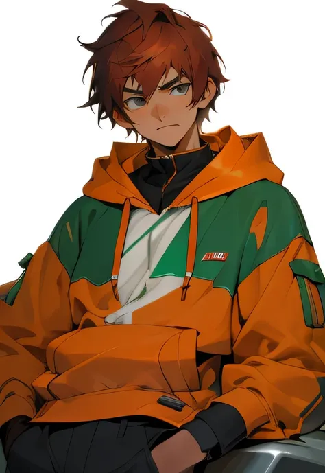 ((masterpiece)), (best quality), (absurdres), (photorealistic:1.4), 1girl, handsome girl, guyish ((flat body)) auburn red hair, , hoodie with motor sports jacket , (tanned skin, tanned male skin), bangs, green eyes,  , very short messy boy cut hair, smile,...