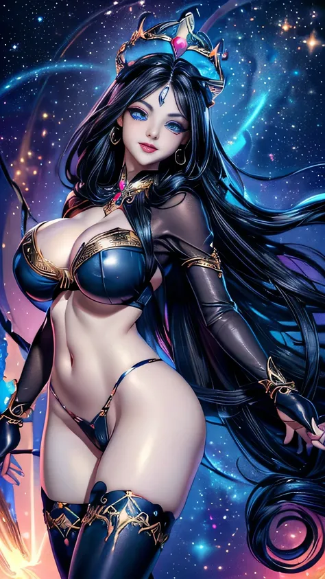  ((sureal image))((tall, beautiful, gorgeous, majestic, magical, celestical goddess of the night)) ((seductive smile)) ((pale skin)) ((blue eyes)), ((dark eyeshadows make up)) ((red lips)) ((very long black hair, glowing hair)) ((big breast:1.5)) ((skinny ...