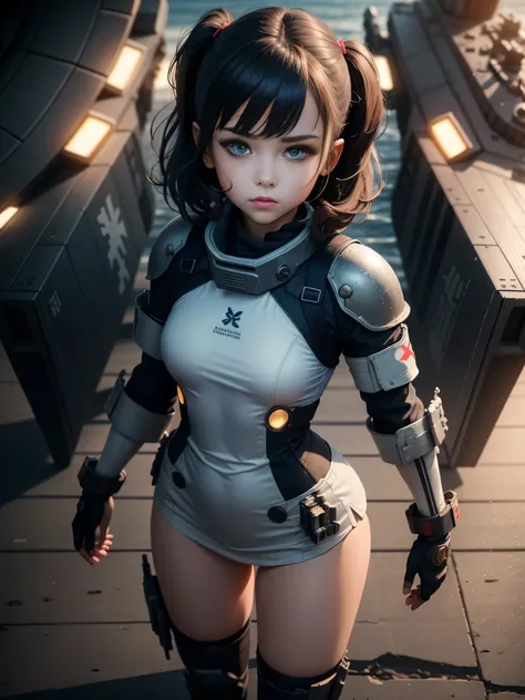 Destroyed aircraft carrier, russian girl , russian anime girls , Russian ,  Full body composition of young girl with messy short dark hair, eye make up, 13 year old,  
Soft lighting, Solo,, badges, Pose, Blotch color, Octane Render, Hyperrealistic intricat...