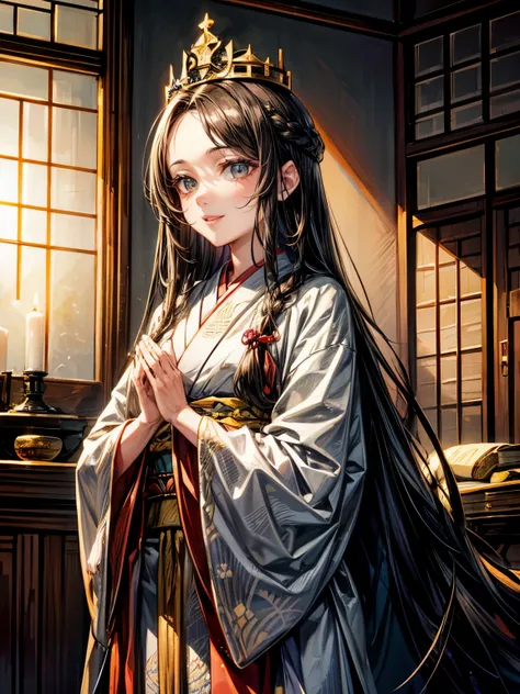 Himiko, ancient Japan, queen, shaman,((Forehead hai)),,long black hair, deep brown eyes, sumptuous attire, crown, sacred altar,regal expression,Stand up,Smile,yellow eyes