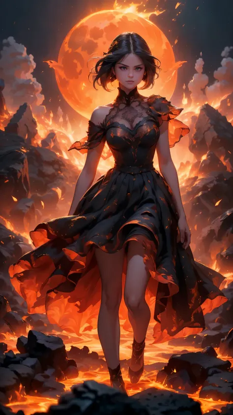 (La Best Quality,A high resolution,Ultra - detailed,current),Selena Gomez in a dress made of lava magma, (cabello elemento fuego:1.4 ) , (fire magma dress :1.4), ,(Ruined dungeon ruins background:1.4 ), More detailed 8K.unreal engine:1.4,uhd,La Best Qualit...